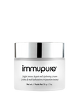 White jar of immupure Night Intense Repair and Hydrating Cream with silver lid on a white background