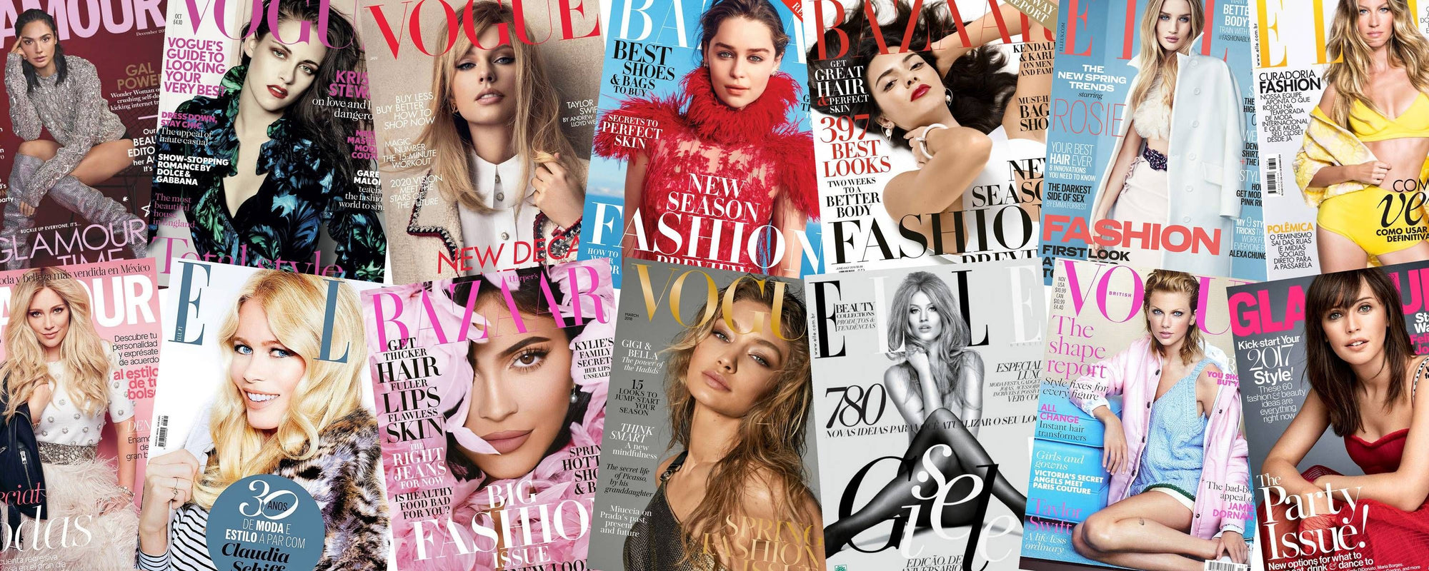 Collage of various fashion magazines with models on covers