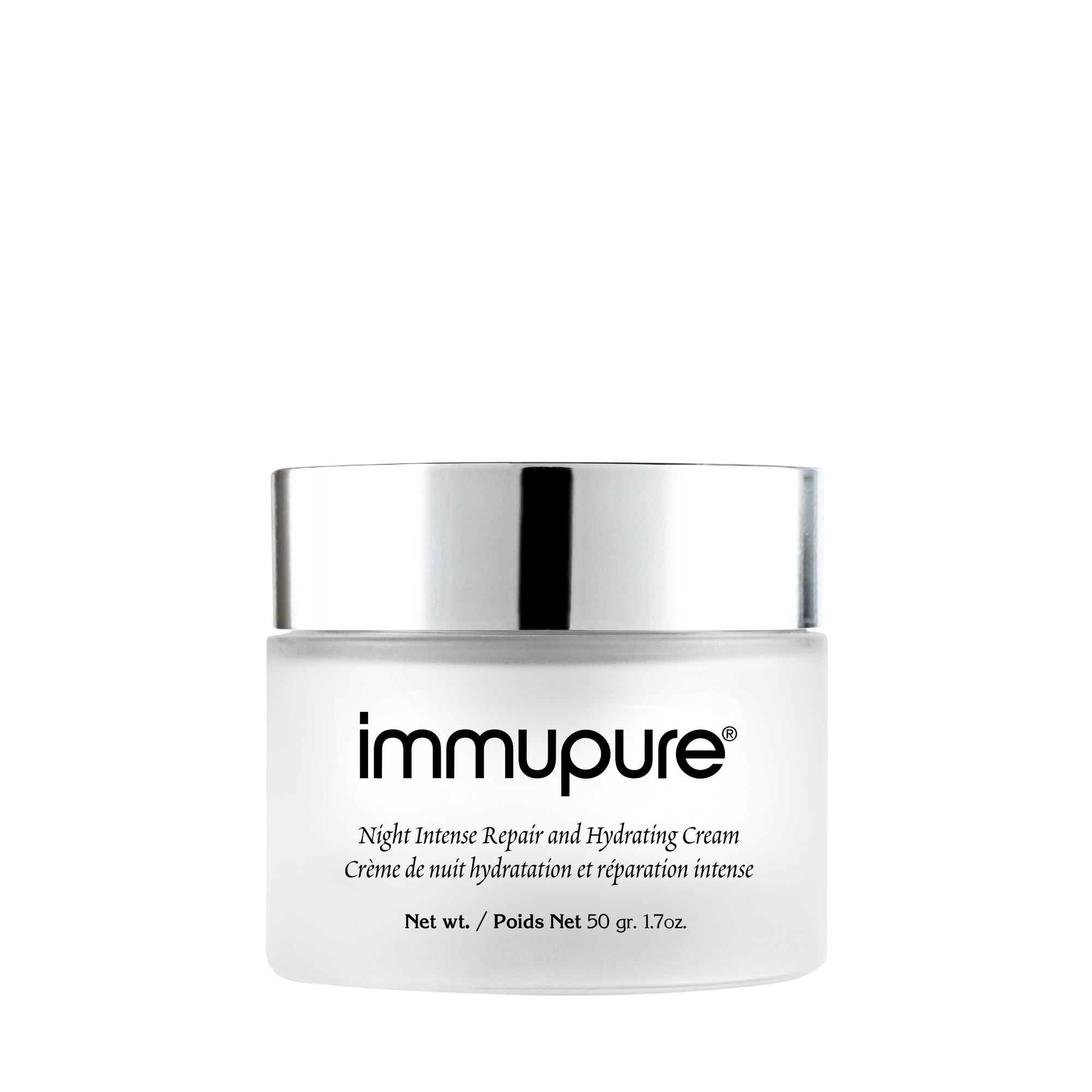 White jar of immupure Night Intense Repair and Hydrating Cream with silver lid on a white background