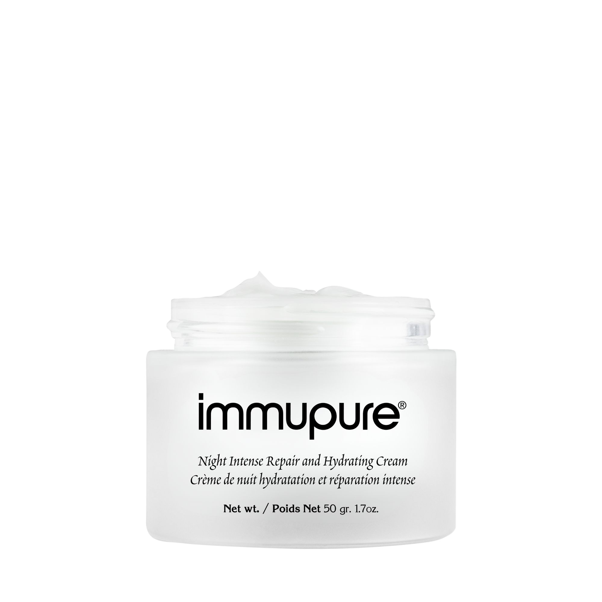 White jar of immupure Night Intense Repair and Hydrating Cream on a white background