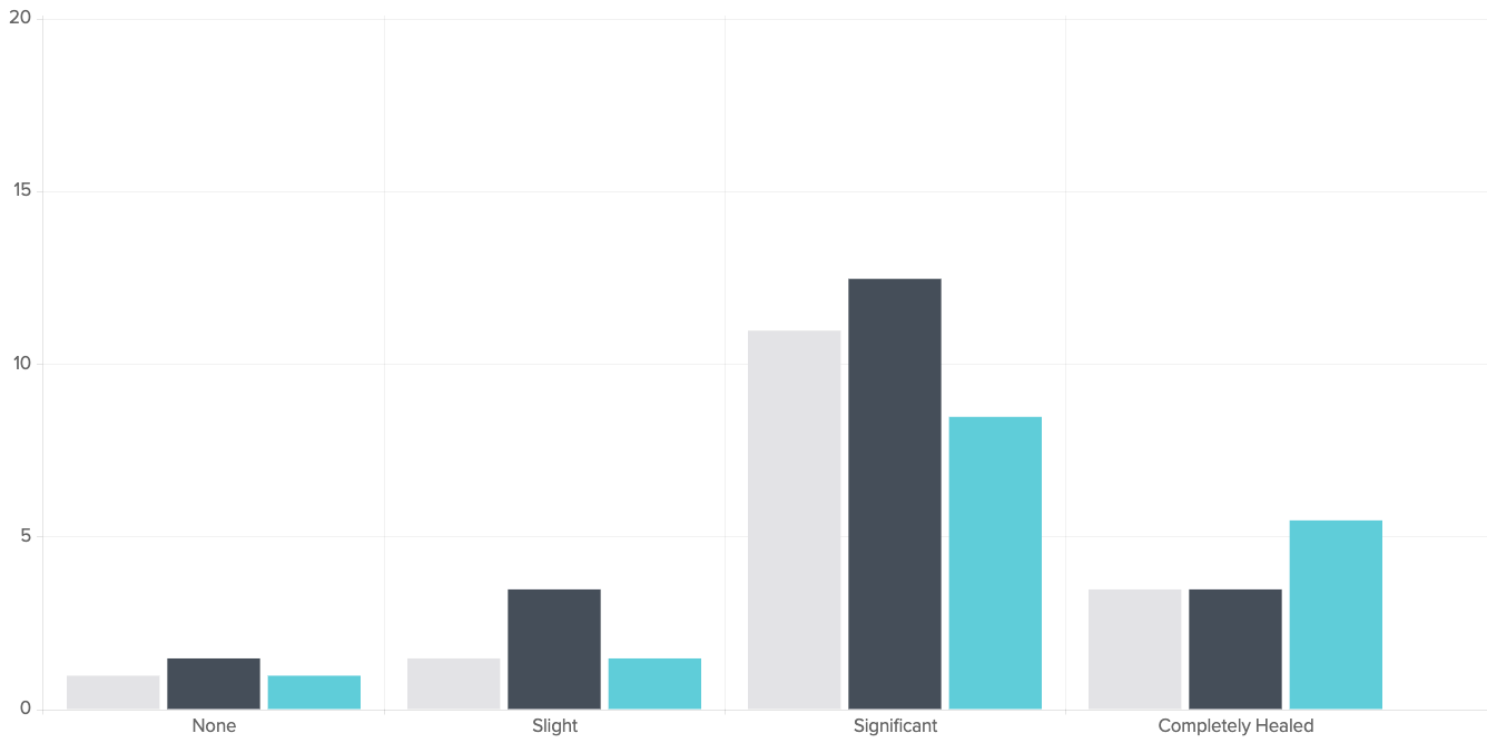 Bar chart showing the distribution of responses categorized as 'None', 'Slight', 'Significant', and 'Completely Healed'.