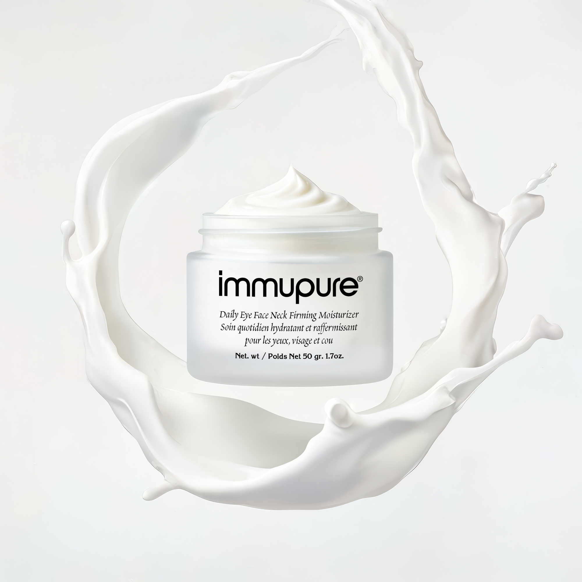 Jar of immupure moisturizer surrounded by a white cream splash on a light gray background