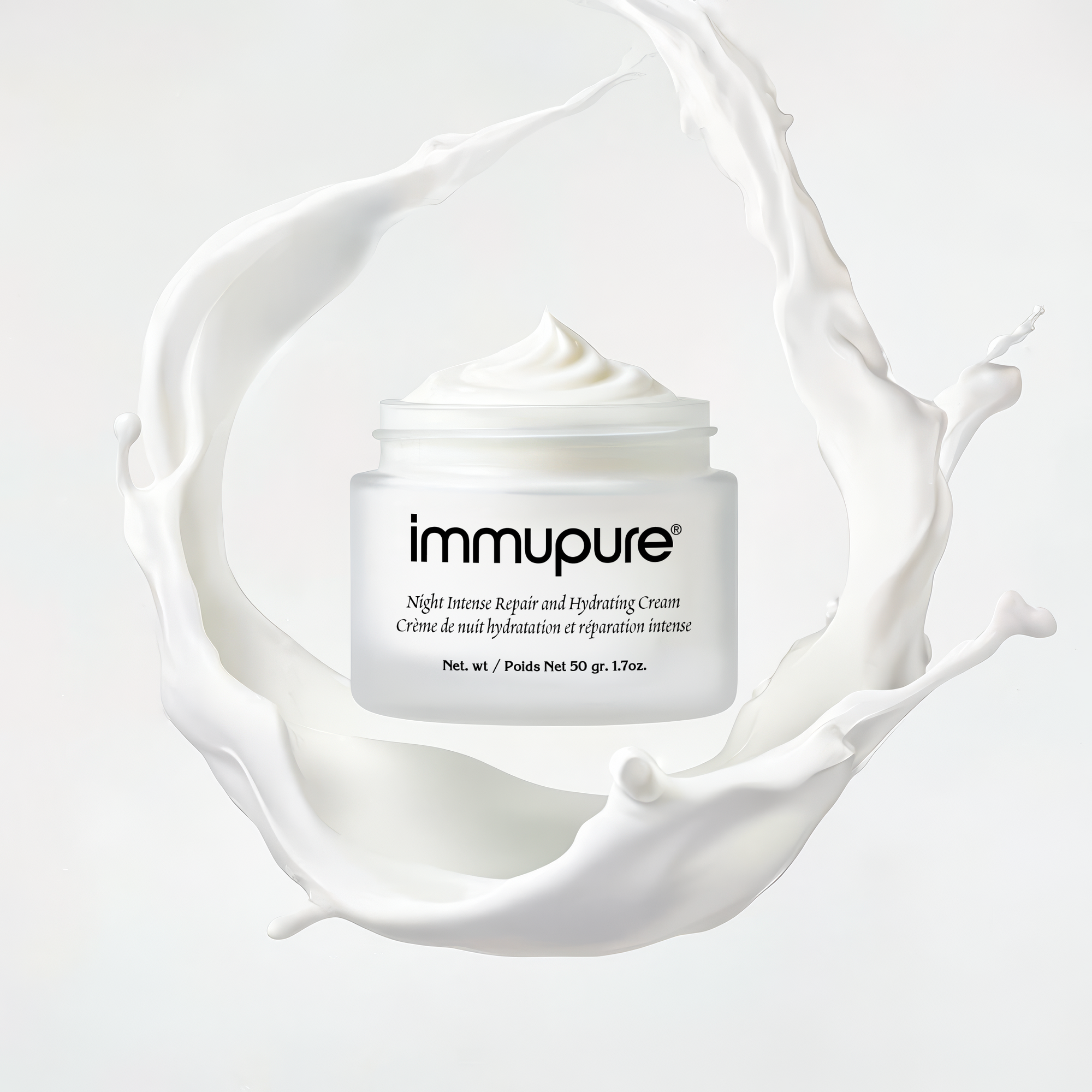 immupure cream jar surrounded by a white cream swirl on a light gray background