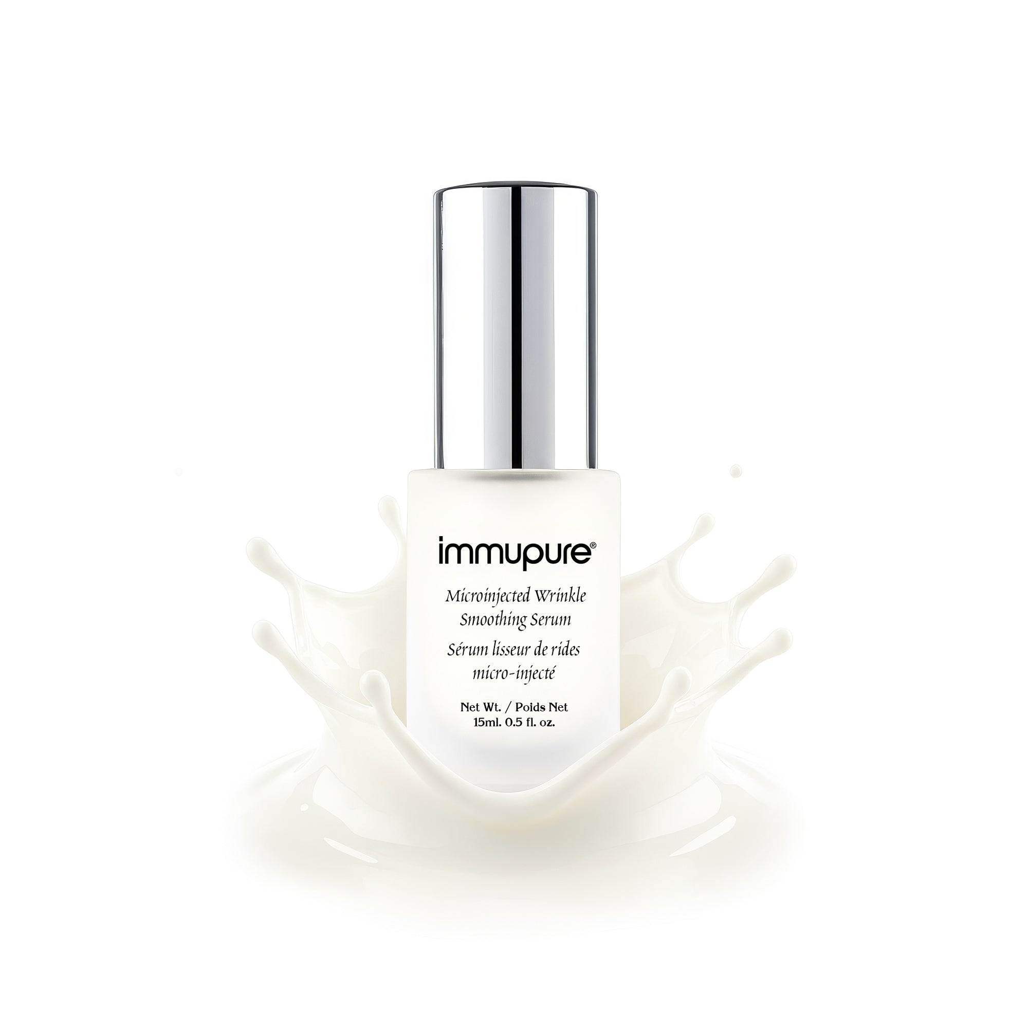 White skincare serum bottle with silver cap on a white background, featuring the brand 'immupure'.
